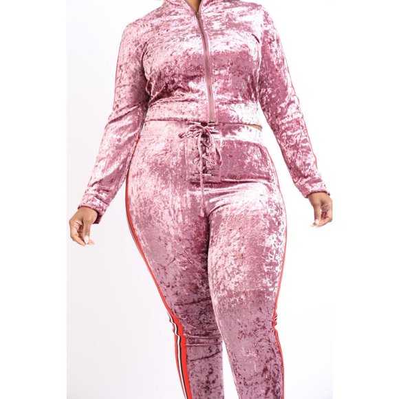 Women's Velvet Zip Up Long Sleeve With Stripe Sport Tape Top & Matching Pants - Picture 2 of 11